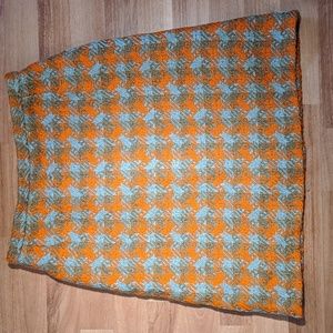 Vintage 60's orange, blue and tan woven houndstooth wool skirt
